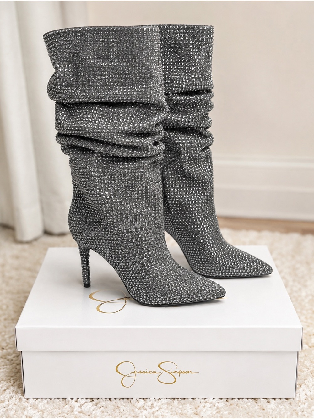 Jessica Simpson Gray Rhinestone Slouch Boots Size 6 NIB Rare